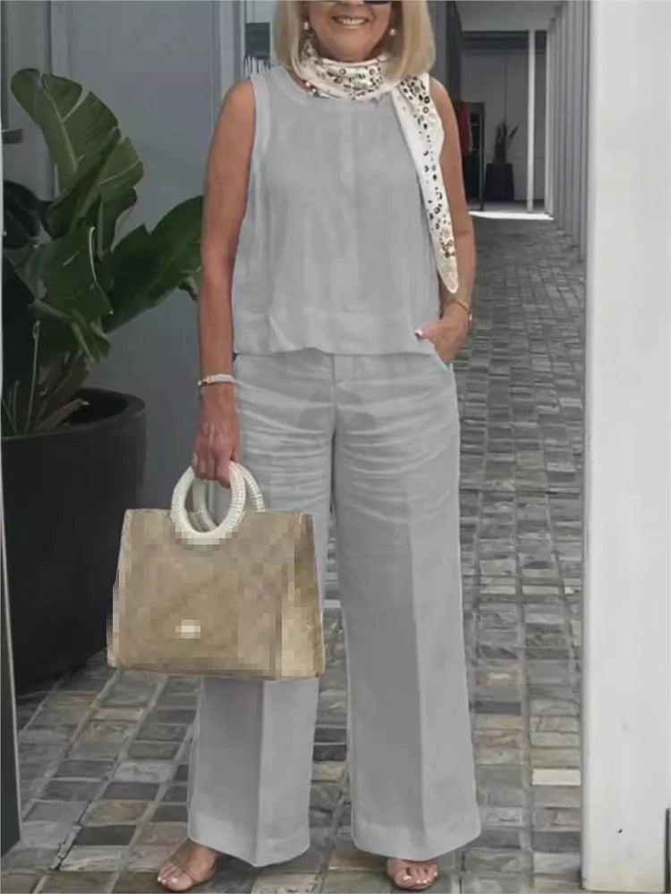 Two-piece women's summer set made of linen with sleeveless blouse – Maelis-Gray-S-State of Style