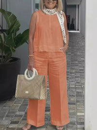 Two-piece women's summer set made of linen with sleeveless blouse – Maelis-Orange-S-State of Style
