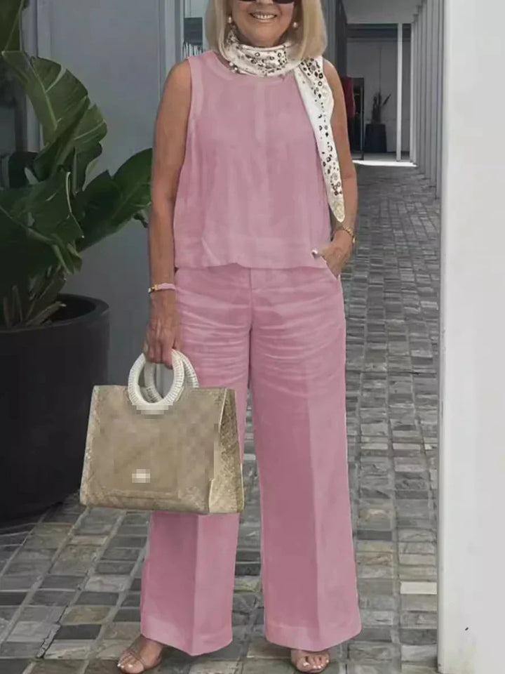 Two-piece women's summer set made of linen with sleeveless blouse – Maelis-Pink-S-State of Style