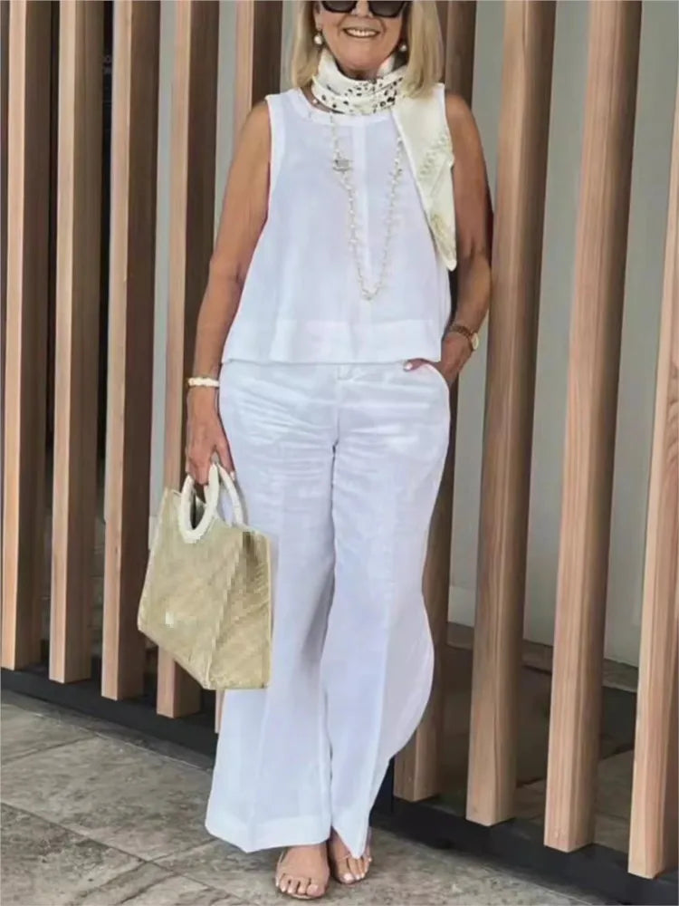Two-piece women's summer set made of linen with sleeveless blouse – Maelis-White-S-State of Style