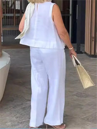 Two-piece women's summer set made of linen with sleeveless blouse – Maelis-Yellow-S-State of Style