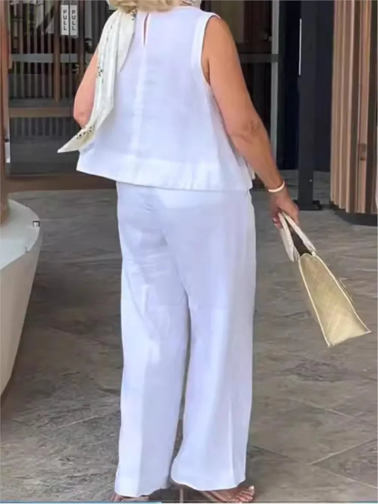 Two-piece women's summer set made of linen with sleeveless blouse – Maelis-Yellow-S-State of Style