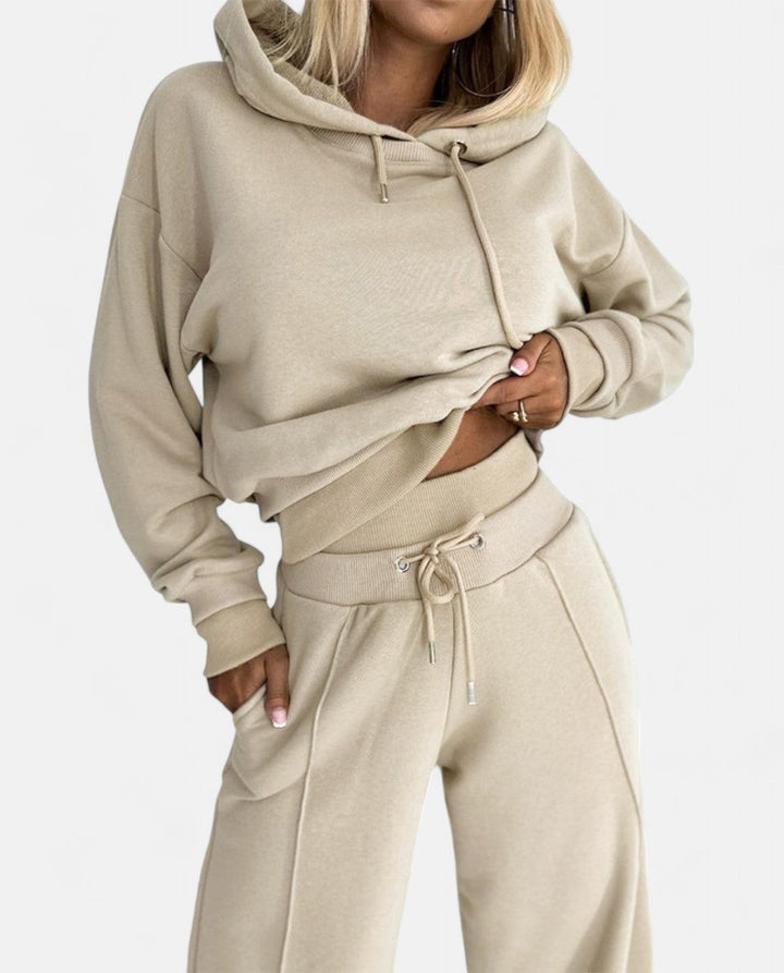 Two-Tone Hoodie Set with Wide-Leg Pants - Isabelle-Beige-S-State of Style