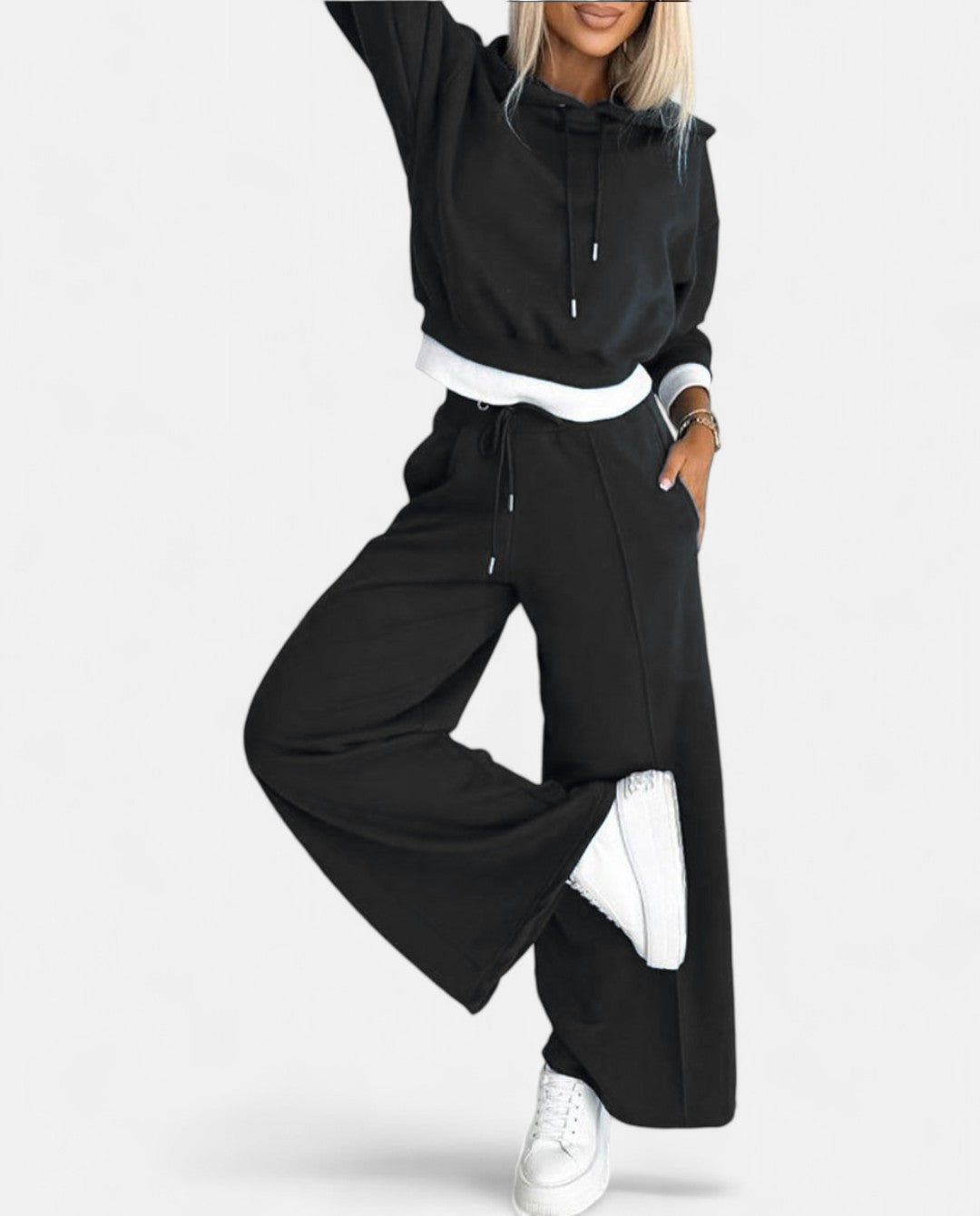 Two-Tone Hoodie Set with Wide-Leg Pants - Isabelle-Black-S-State of Style
