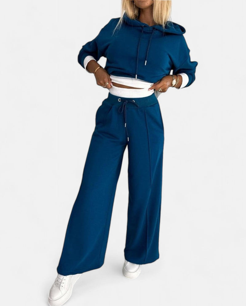 Two-Tone Hoodie Set with Wide-Leg Pants - Isabelle-Blue-S-State of Style