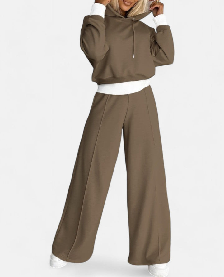 Two-Tone Hoodie Set with Wide-Leg Pants - Isabelle-Brown-S-State of Style