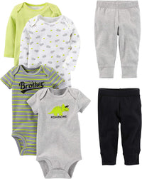 Unisex Baby 6-Piece Clothing Set-Multicolor/Dinosaur/Rhino/Stripes/Text print-0-3 months-State of Style