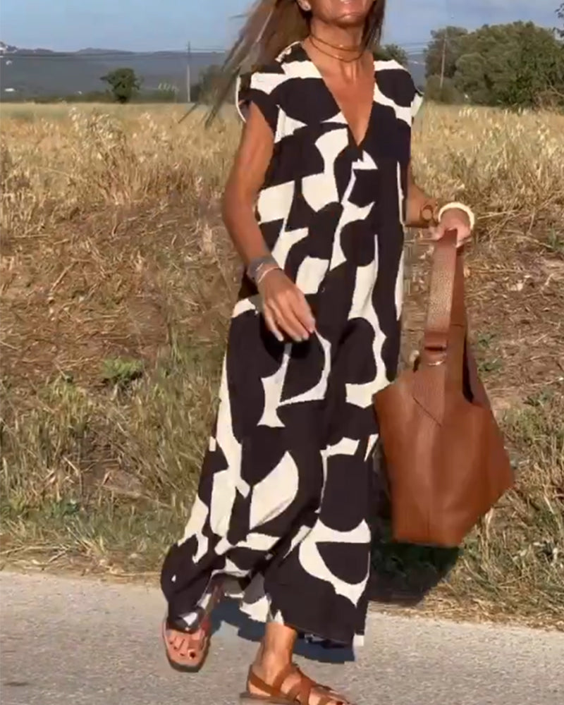 V-Neck Maxi Dress with Print - Bella-Black-S-State of Style