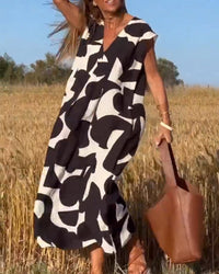 V-Neck Maxi Dress with Print - Bella-Black-S-State of Style
