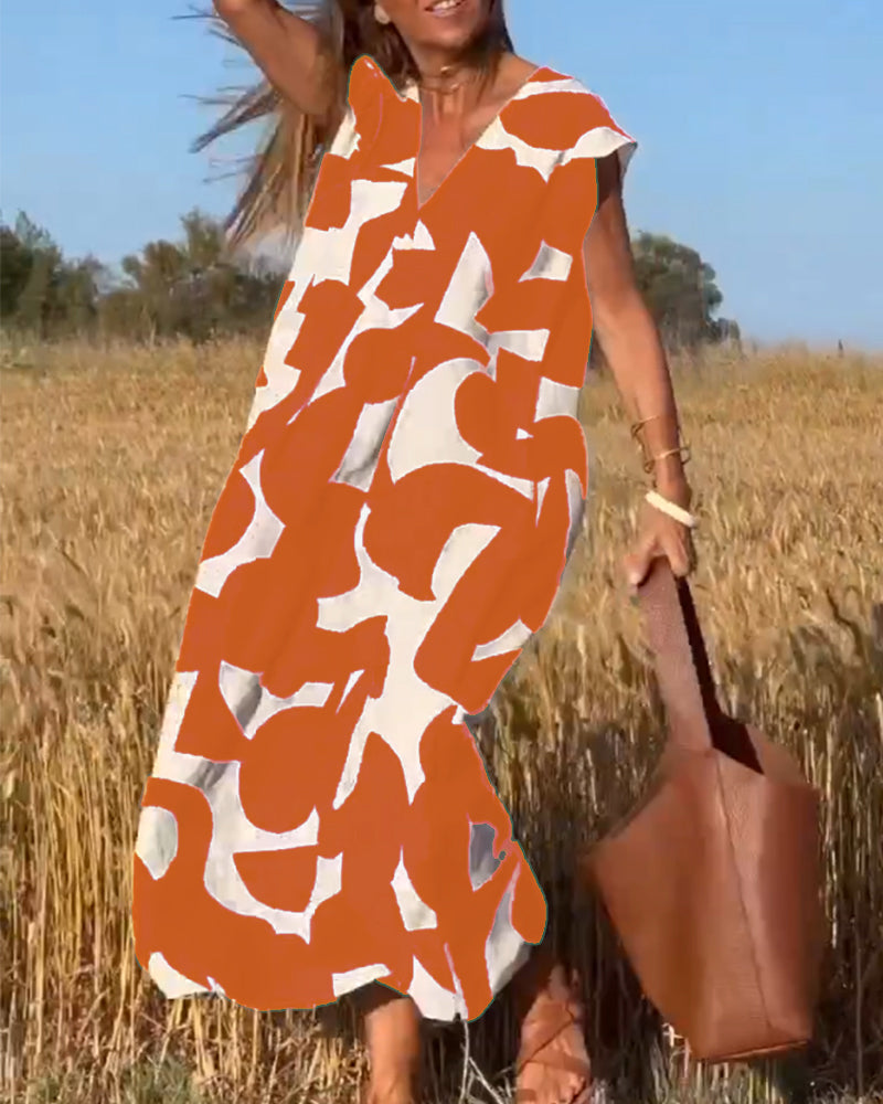 V-Neck Maxi Dress with Print - Bella-Orange-S-State of Style