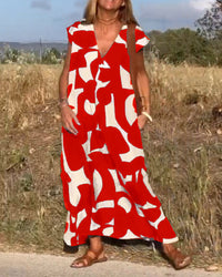 V-Neck Maxi Dress with Print - Bella-Red-S-State of Style