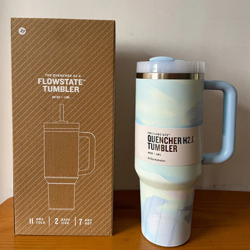 Vacuum Insulated Tumbler with Lid and Straw - ThermoTumbler-Blue Swirl-State of Style