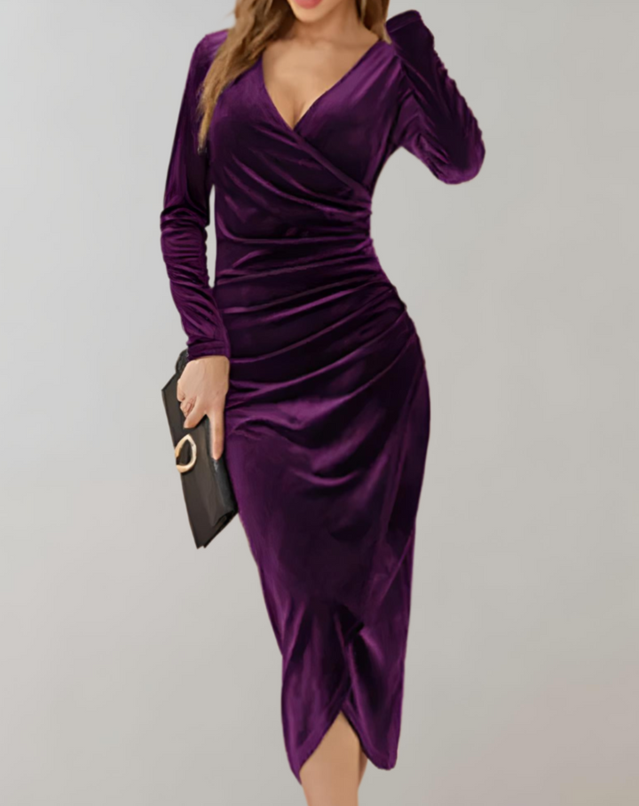 Velvet Wrap Dress with Long Sleeves and Ruffles - Valeria-Black-S-State of Style