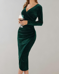 Velvet Wrap Dress with Long Sleeves and Ruffles - Valeria-Green-S-State of Style