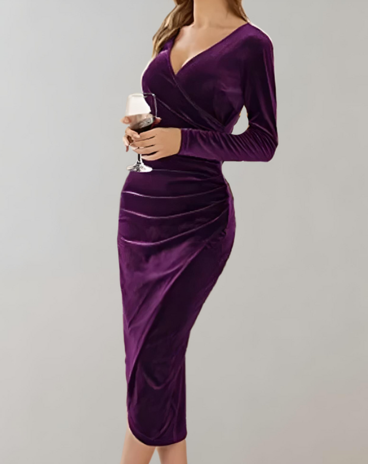 Velvet Wrap Dress with Long Sleeves and Ruffles - Valeria-Purple-S-State of Style