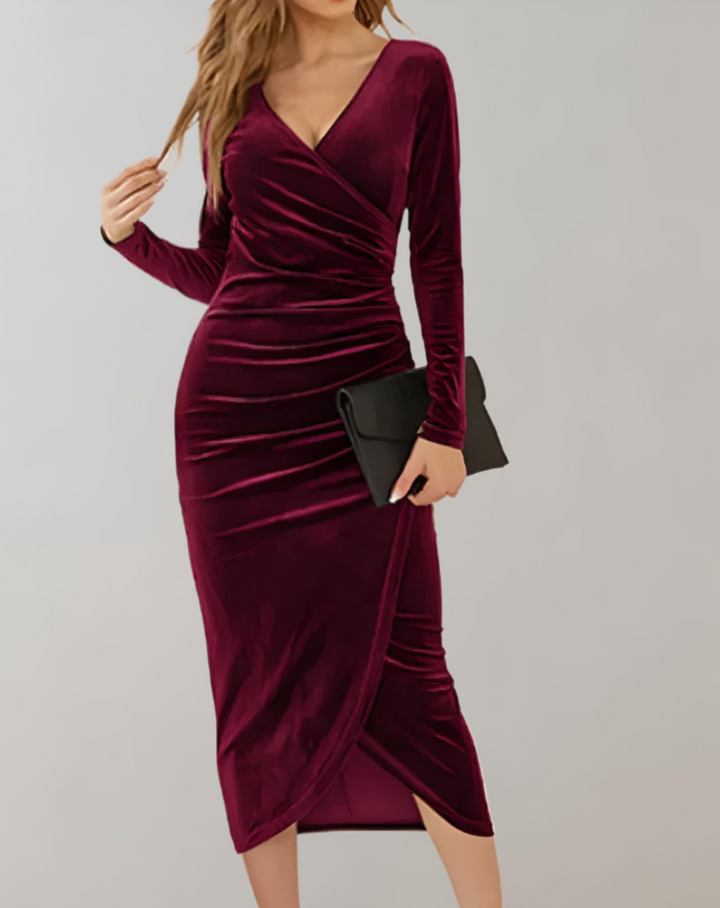 Velvet Wrap Dress with Long Sleeves and Ruffles - Valeria-Red-S-State of Style