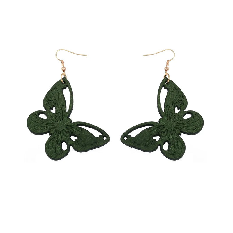 Vintage Green Carved Wooden Earrings | Unique Handmade Jewellery-BUTTERFLY-State of Style