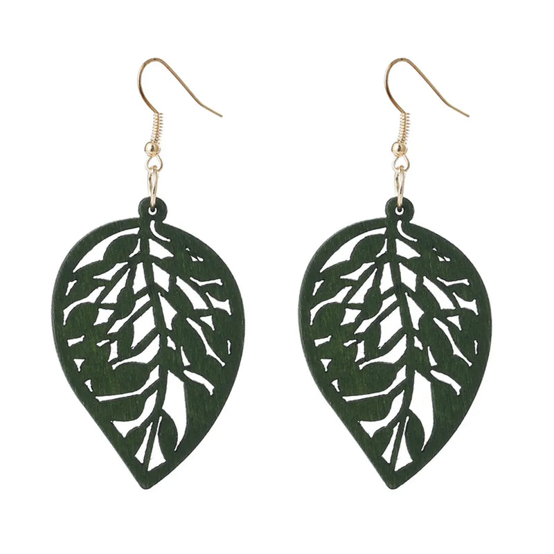 Vintage Green Carved Wooden Earrings | Unique Handmade Jewellery-LEAVES-State of Style