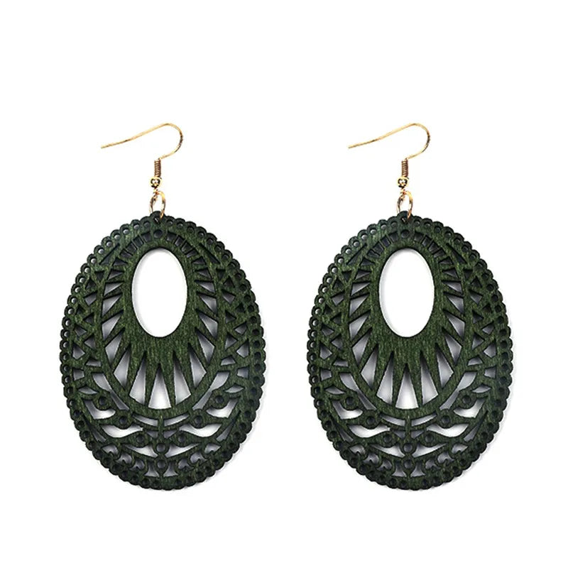 Vintage Green Carved Wooden Earrings | Unique Handmade Jewellery-OVAL-State of Style