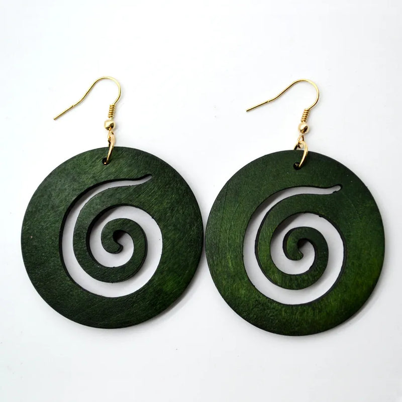 Vintage Green Carved Wooden Earrings | Unique Handmade Jewellery-SPIRAL-State of Style