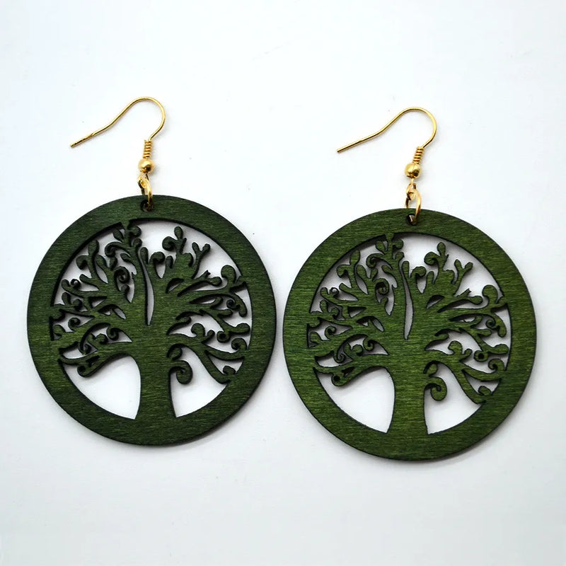 Vintage Green Carved Wooden Earrings | Unique Handmade Jewellery-TREE-State of Style
