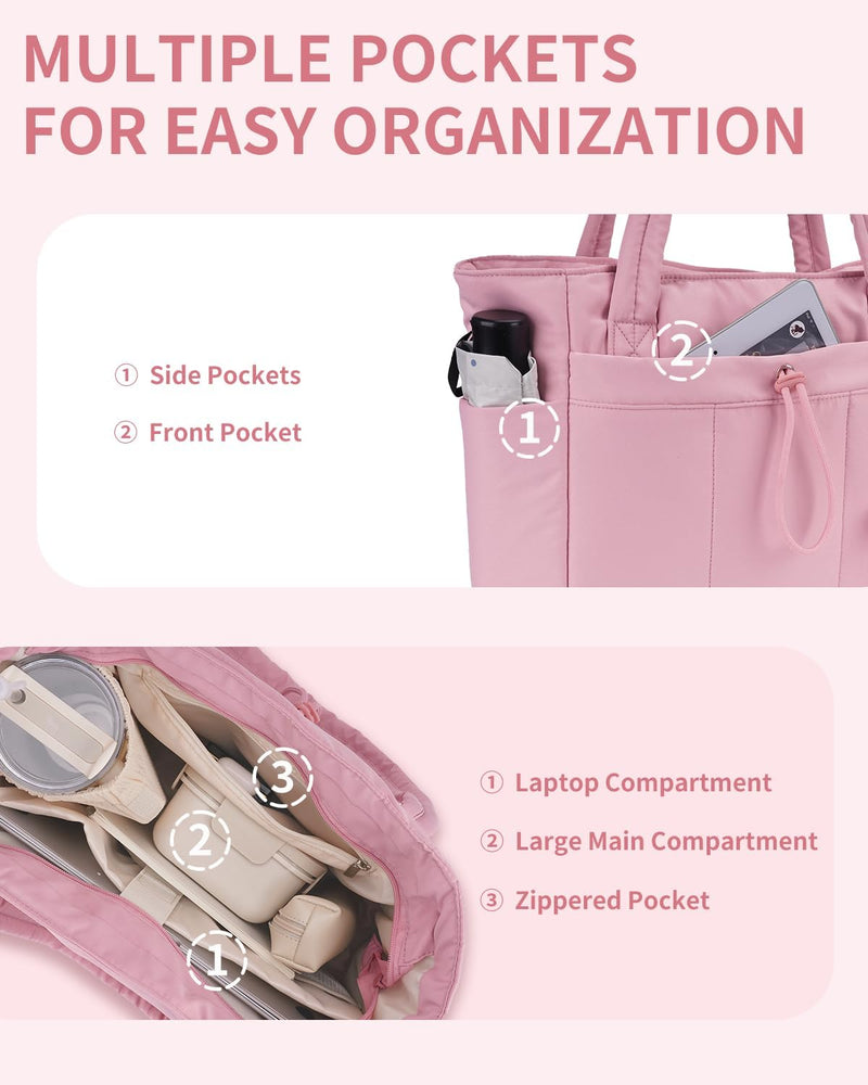 Quilted Puffer Tote with Cup Holder & Laptop Sleeve for Travel and Work