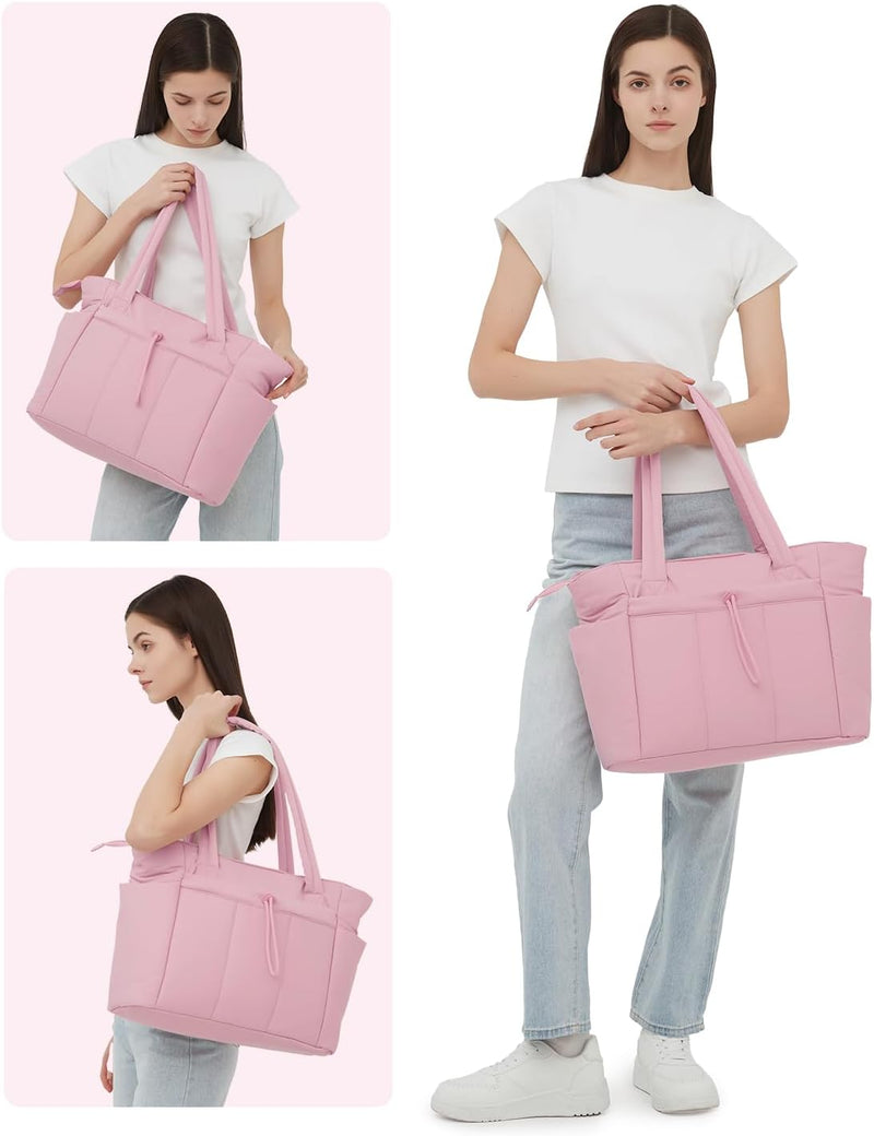 Quilted Puffer Tote with Cup Holder & Laptop Sleeve for Travel and Work