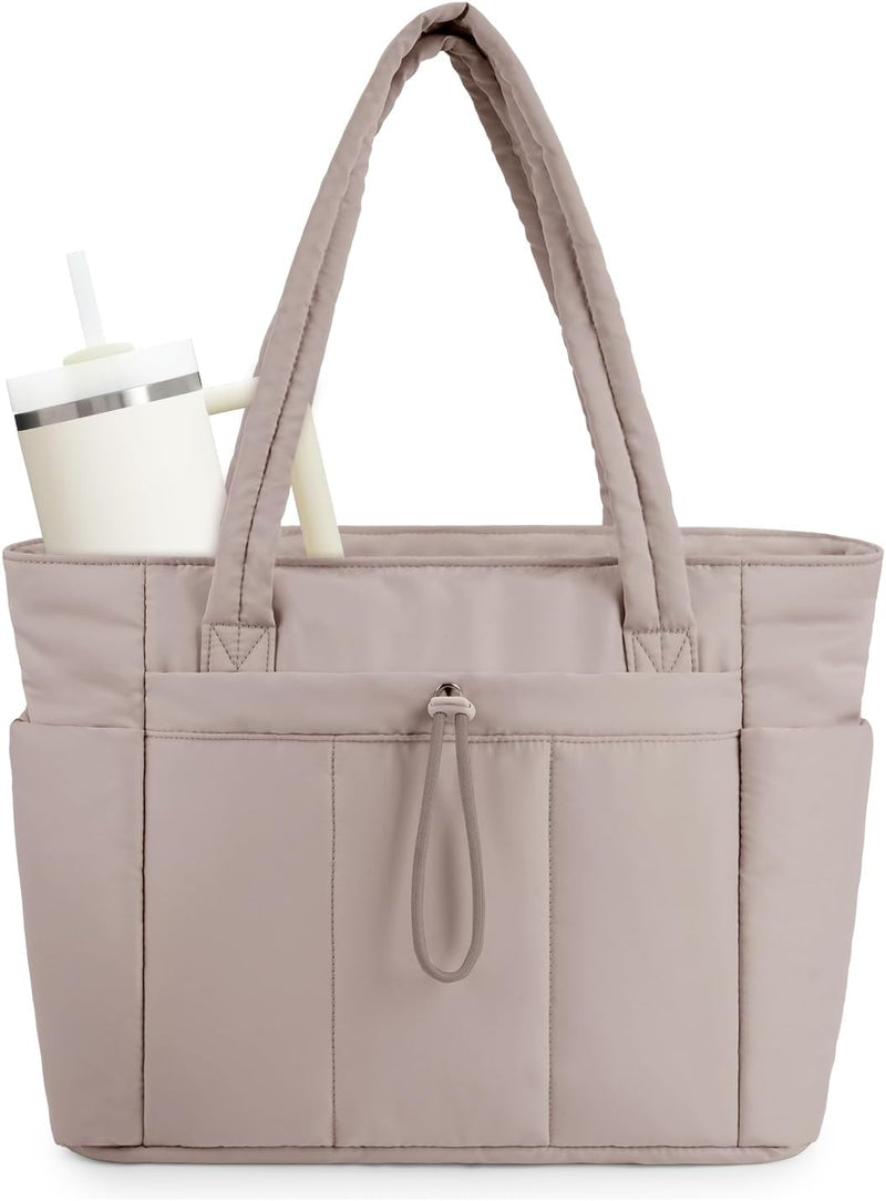 Quilted Puffer Tote with Cup Holder & Laptop Sleeve for Travel and Work