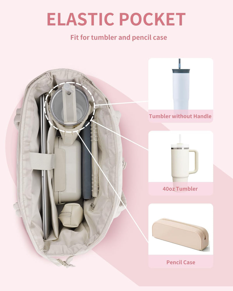Quilted Puffer Tote with Cup Holder & Laptop Sleeve for Travel and Work