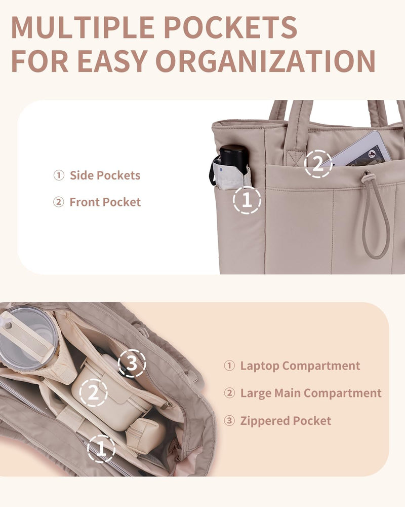 Quilted Puffer Tote with Cup Holder & Laptop Sleeve for Travel and Work