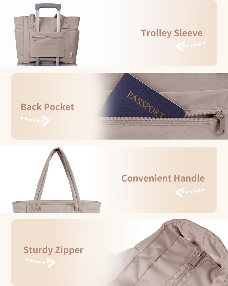 Quilted Puffer Tote with Cup Holder & Laptop Sleeve for Travel and Work