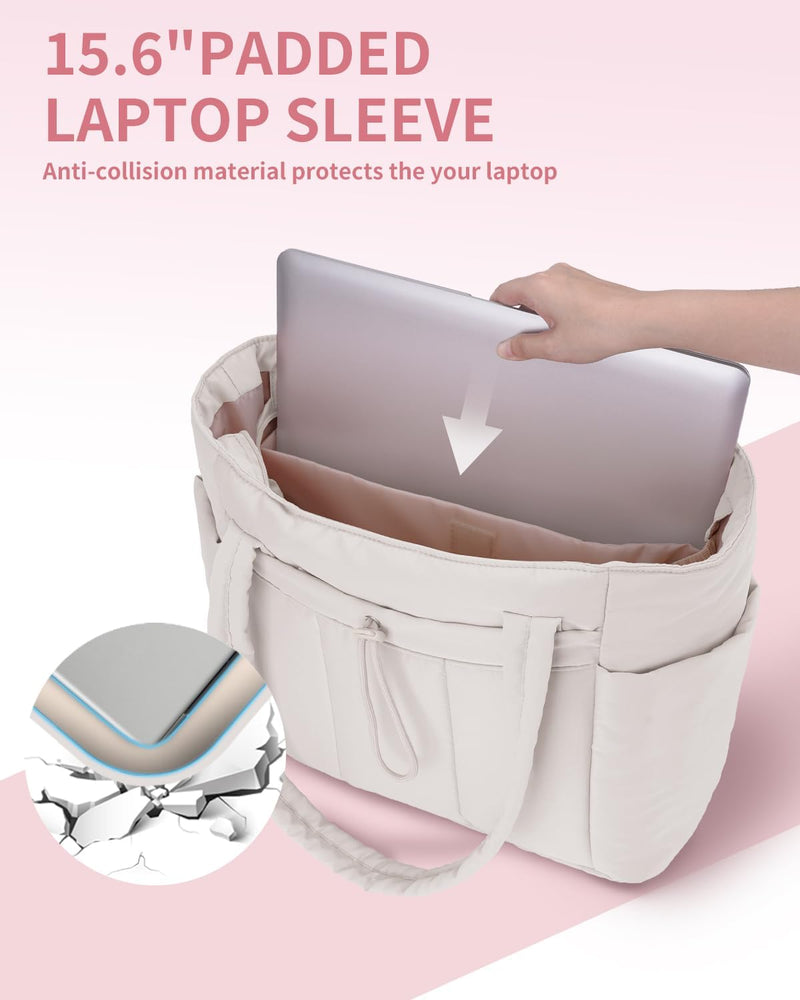 Quilted Puffer Tote with Cup Holder & Laptop Sleeve for Travel and Work