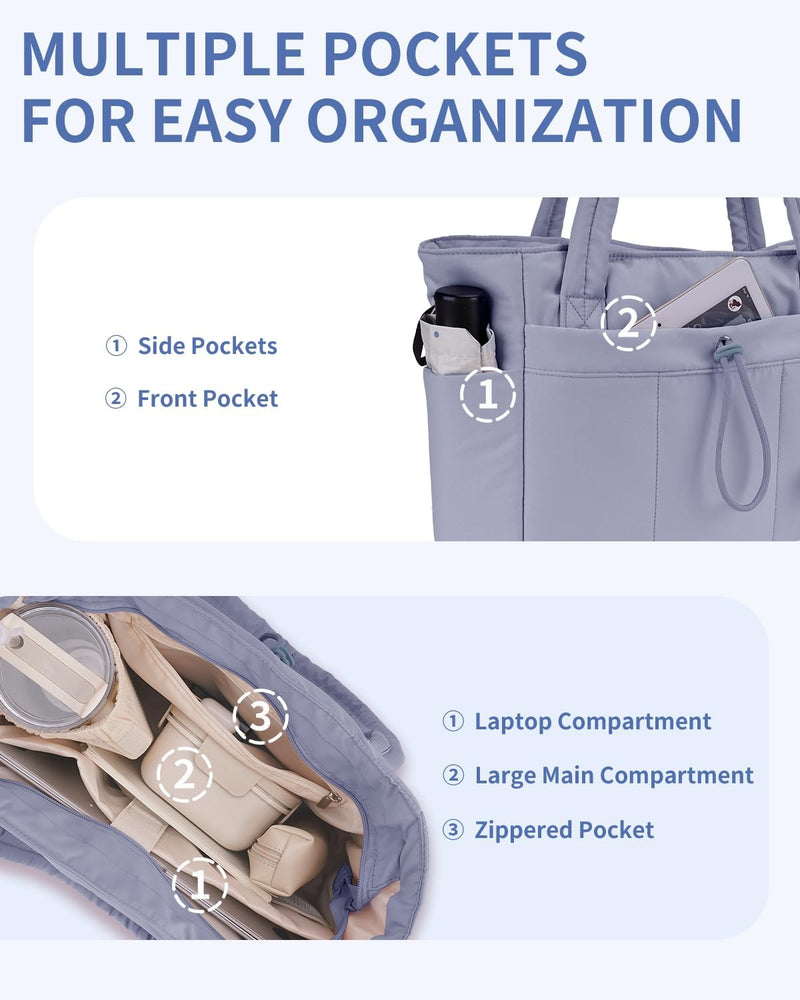 Quilted Puffer Tote with Cup Holder & Laptop Sleeve for Travel and Work