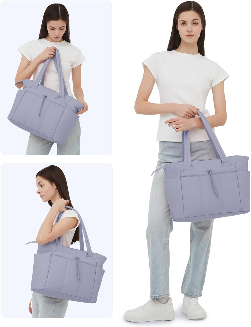 Quilted Puffer Tote with Cup Holder & Laptop Sleeve for Travel and Work