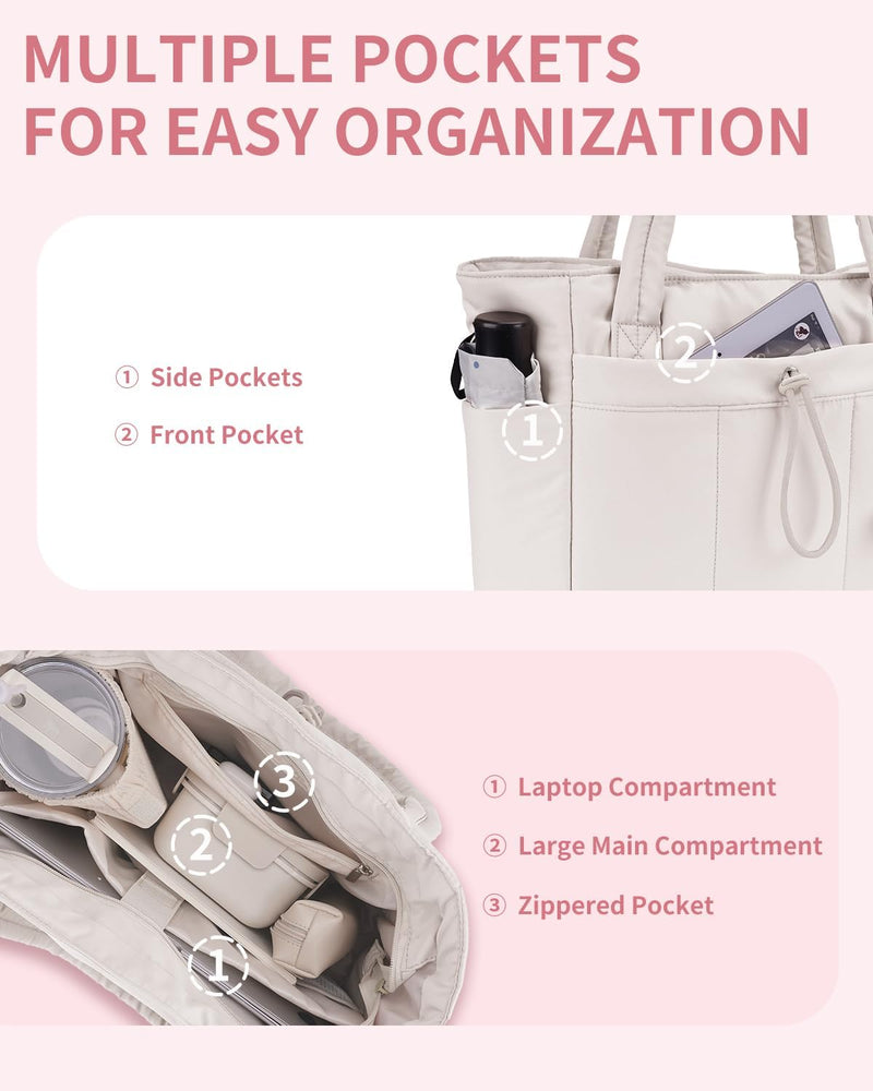 Quilted Puffer Tote with Cup Holder & Laptop Sleeve for Travel and Work