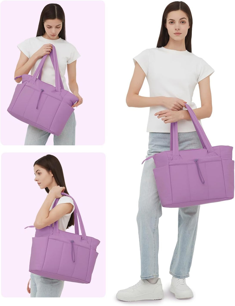 Quilted Puffer Tote with Cup Holder & Laptop Sleeve for Travel and Work