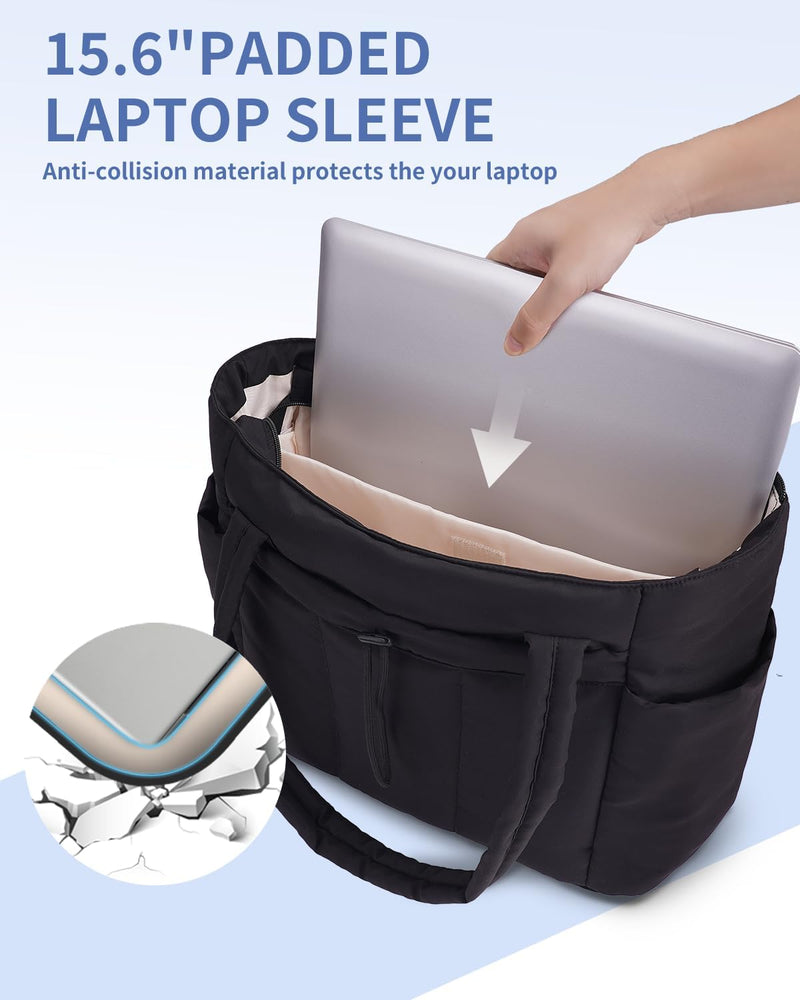 Quilted Puffer Tote with Cup Holder & Laptop Sleeve for Travel and Work