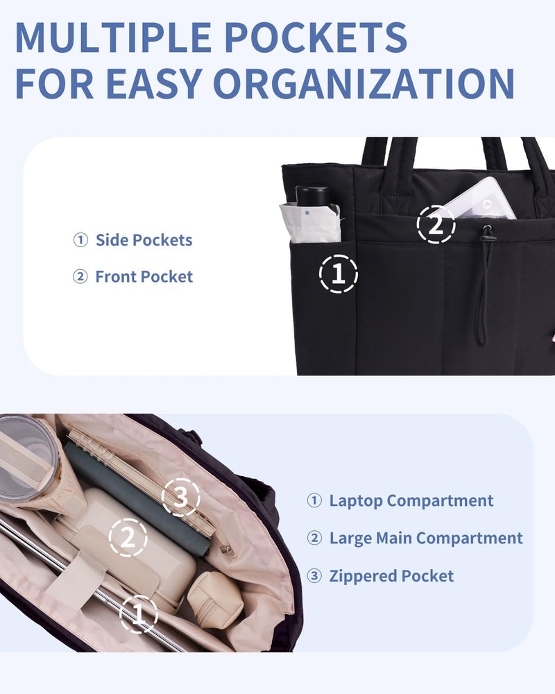 Quilted Puffer Tote with Cup Holder & Laptop Sleeve for Travel and Work