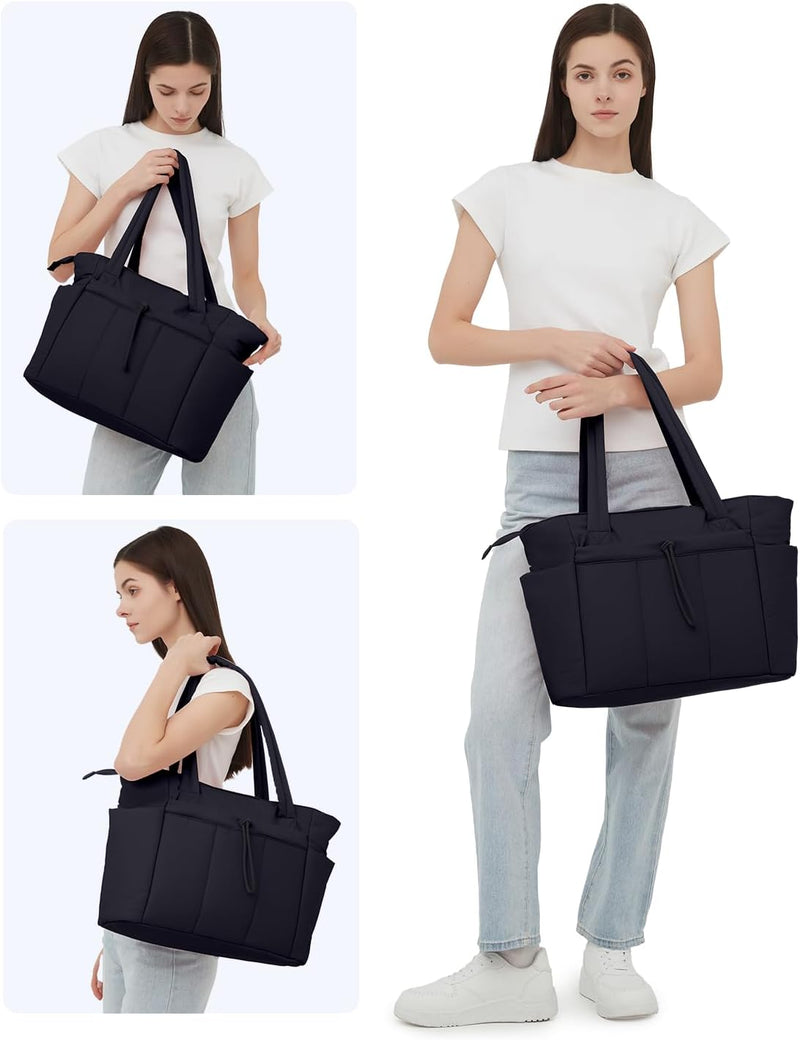 Quilted Puffer Tote with Cup Holder & Laptop Sleeve for Travel and Work