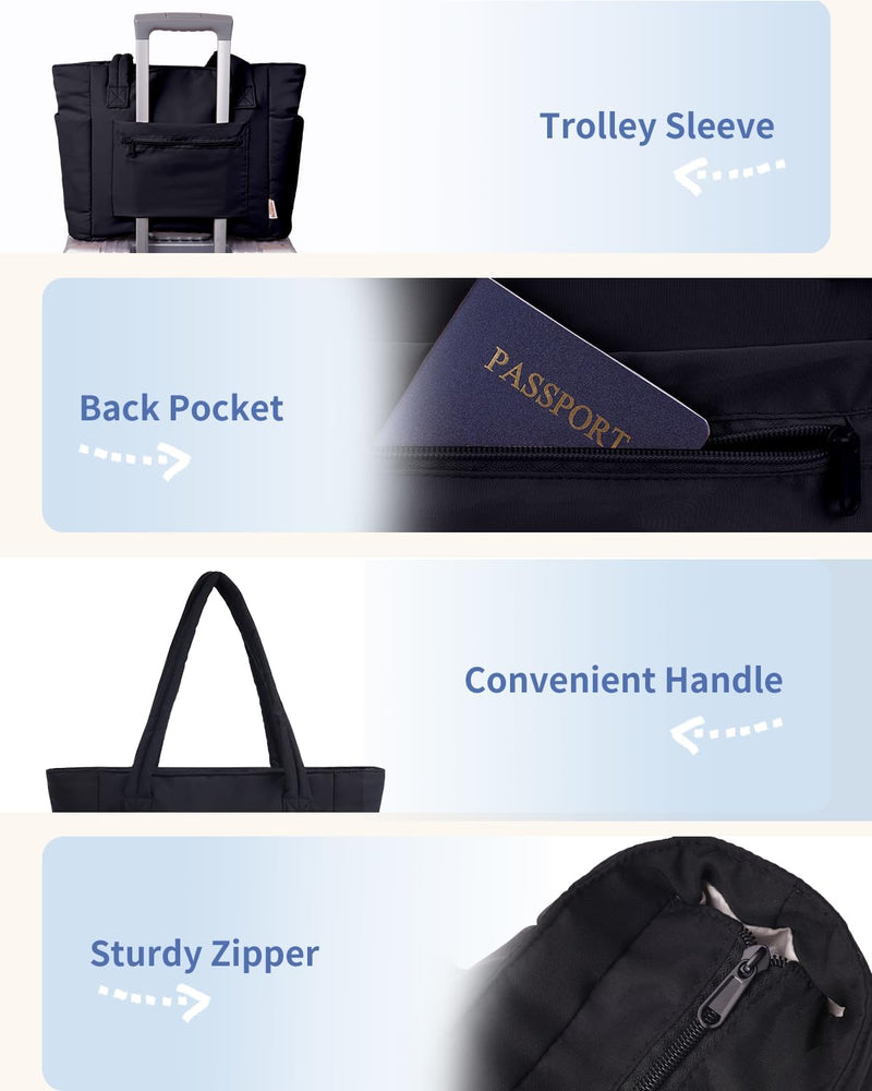 Quilted Puffer Tote with Cup Holder & Laptop Sleeve for Travel and Work