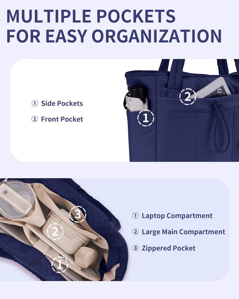Quilted Puffer Tote with Cup Holder & Laptop Sleeve for Travel and Work