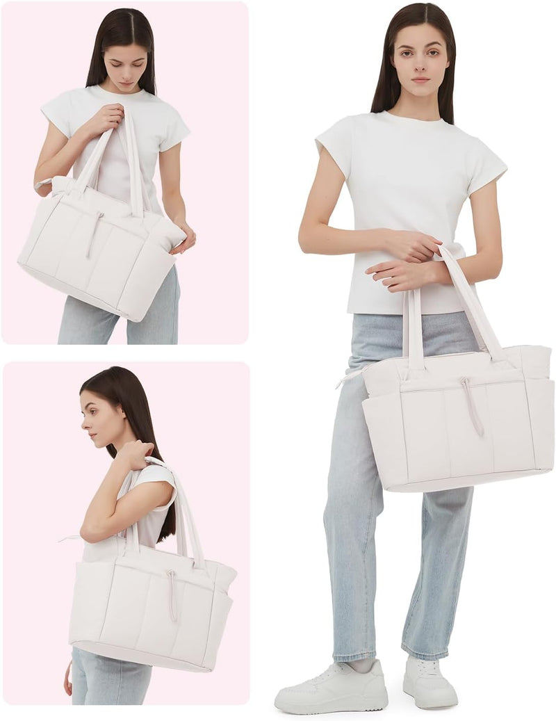 Quilted Puffer Tote with Cup Holder & Laptop Sleeve for Travel and Work