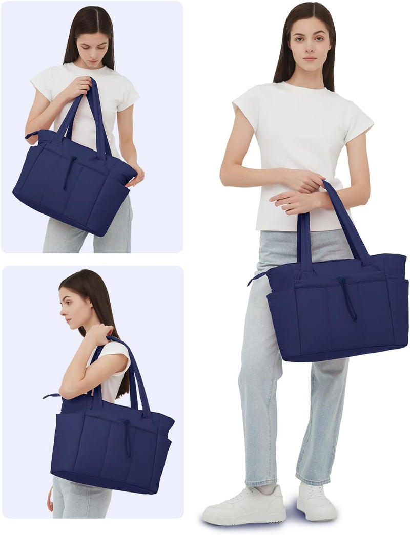 Quilted Puffer Tote with Cup Holder & Laptop Sleeve for Travel and Work