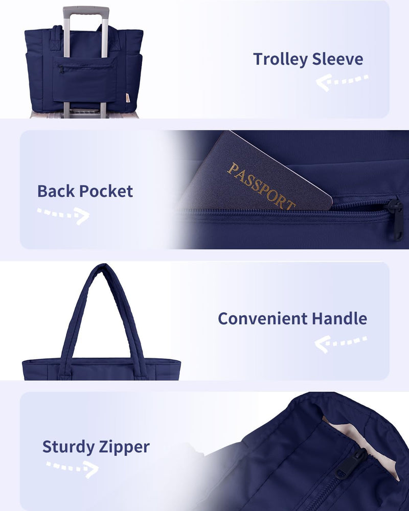 Quilted Puffer Tote with Cup Holder & Laptop Sleeve for Travel and Work