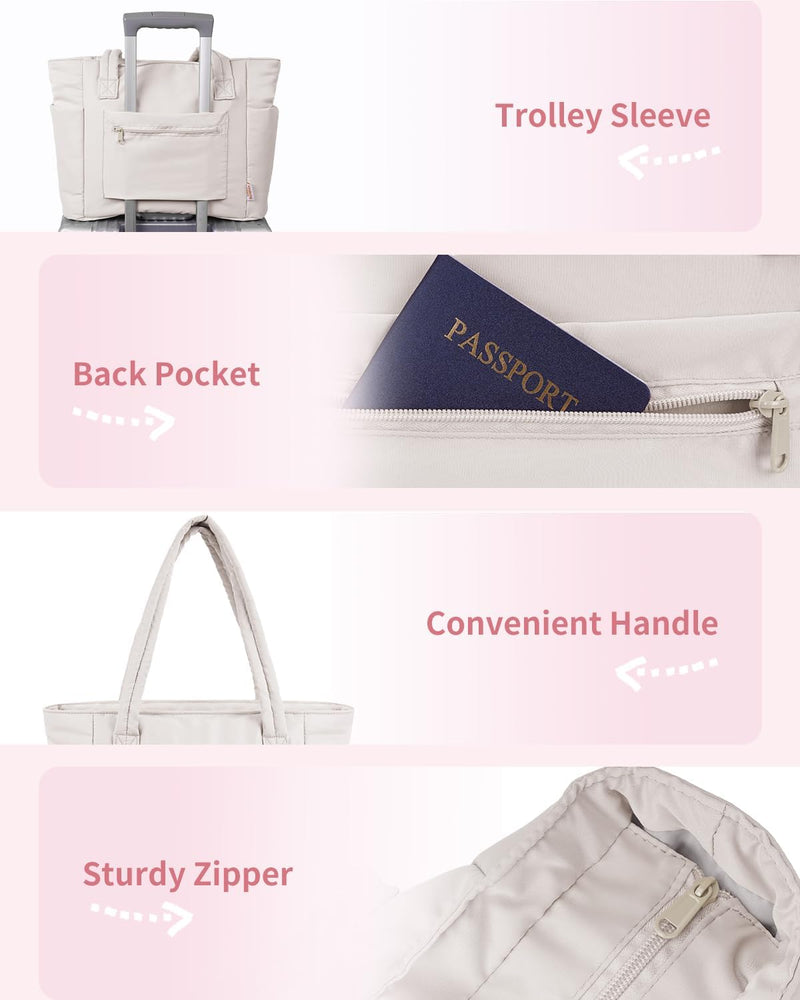 Quilted Puffer Tote with Cup Holder & Laptop Sleeve for Travel and Work