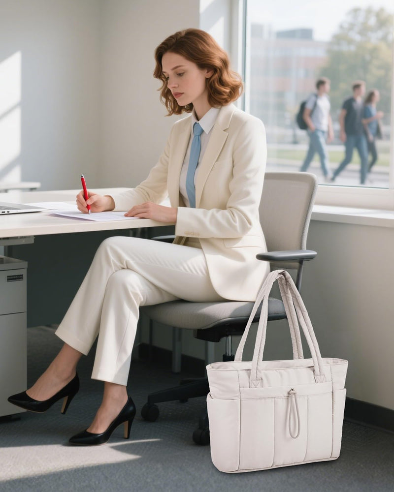 Quilted Puffer Tote with Cup Holder & Laptop Sleeve for Travel and Work