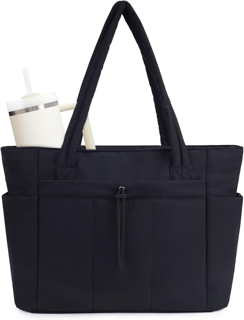 Quilted Puffer Tote with Cup Holder & Laptop Sleeve for Travel and Work