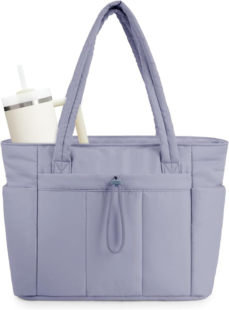 Quilted Puffer Tote with Cup Holder & Laptop Sleeve for Travel and Work