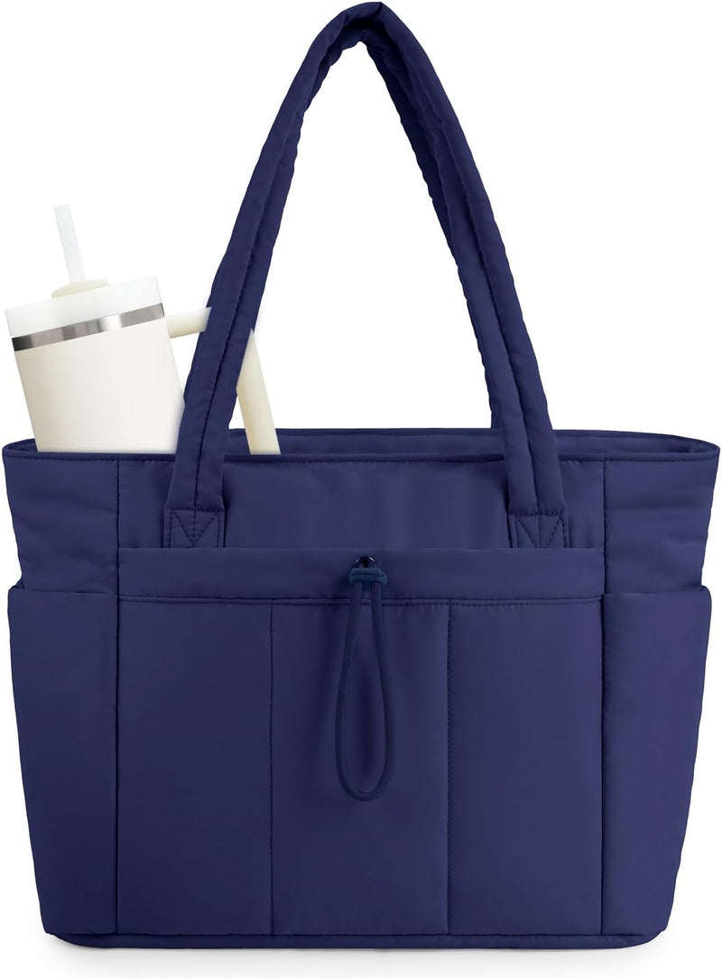 Quilted Puffer Tote with Cup Holder & Laptop Sleeve for Travel and Work