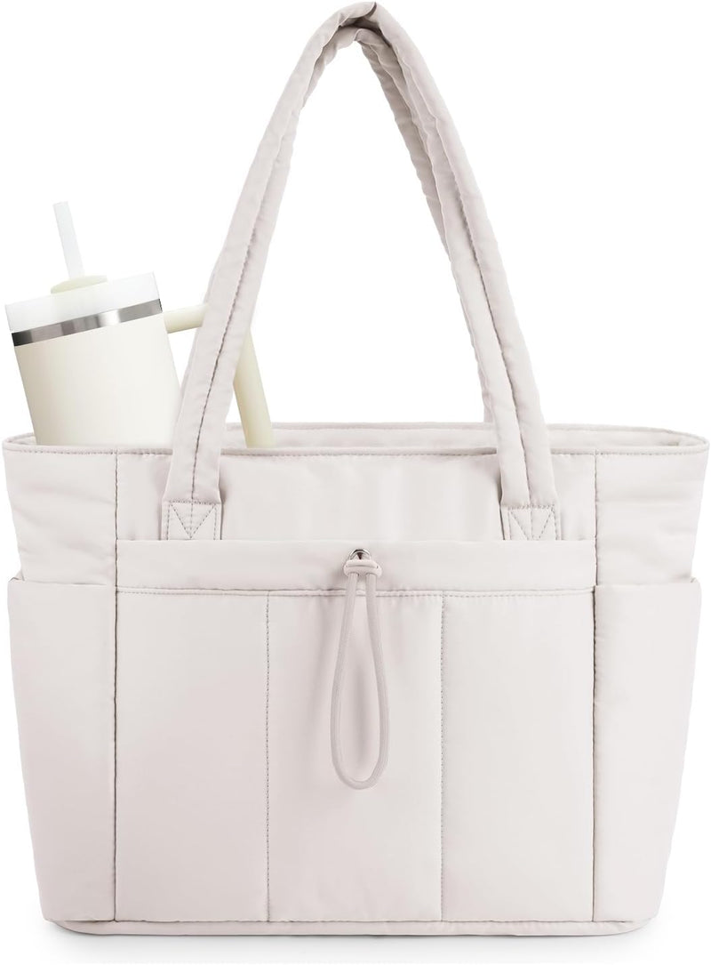 Quilted Puffer Tote with Cup Holder & Laptop Sleeve for Travel and Work